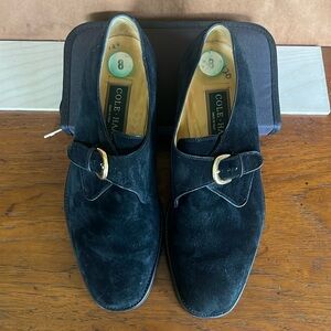 Size 8 Cole Haan black suede single monk strap slip on loafers.